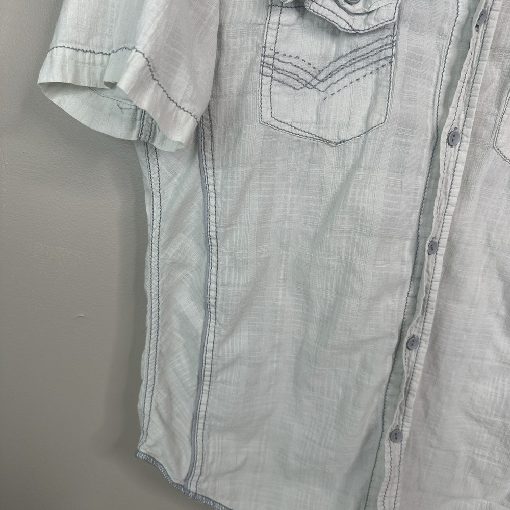 Rustic Blue Shirt Mens L White Button Up Embroidered Cotton Linen - Picture 10 of 11